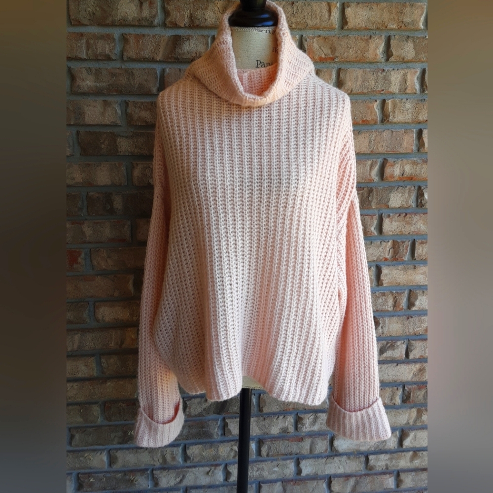 Leith Pink Cowl Neck Long Sleeve Cable Knit Sweater - Oversized.